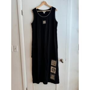 Natalie & Me Weekend Dress Sleeveless Maxi Safari patch 100% Silk tie back L